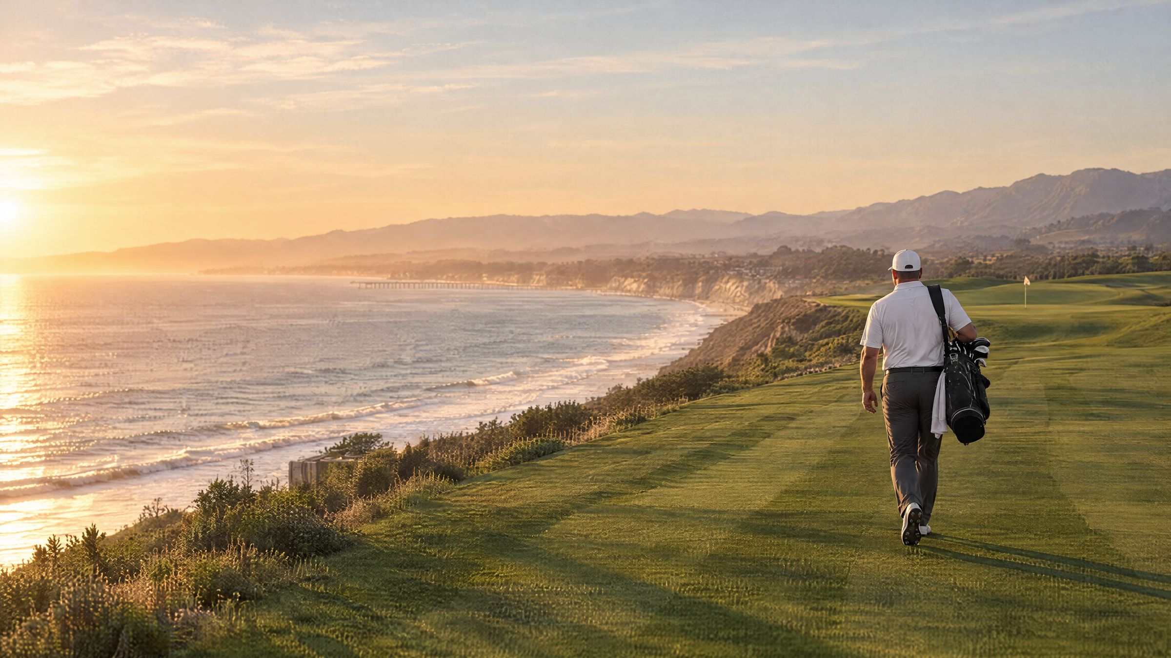 Tyler carrying his golf bag up a clifftop fairway above the Pacific at golden hour