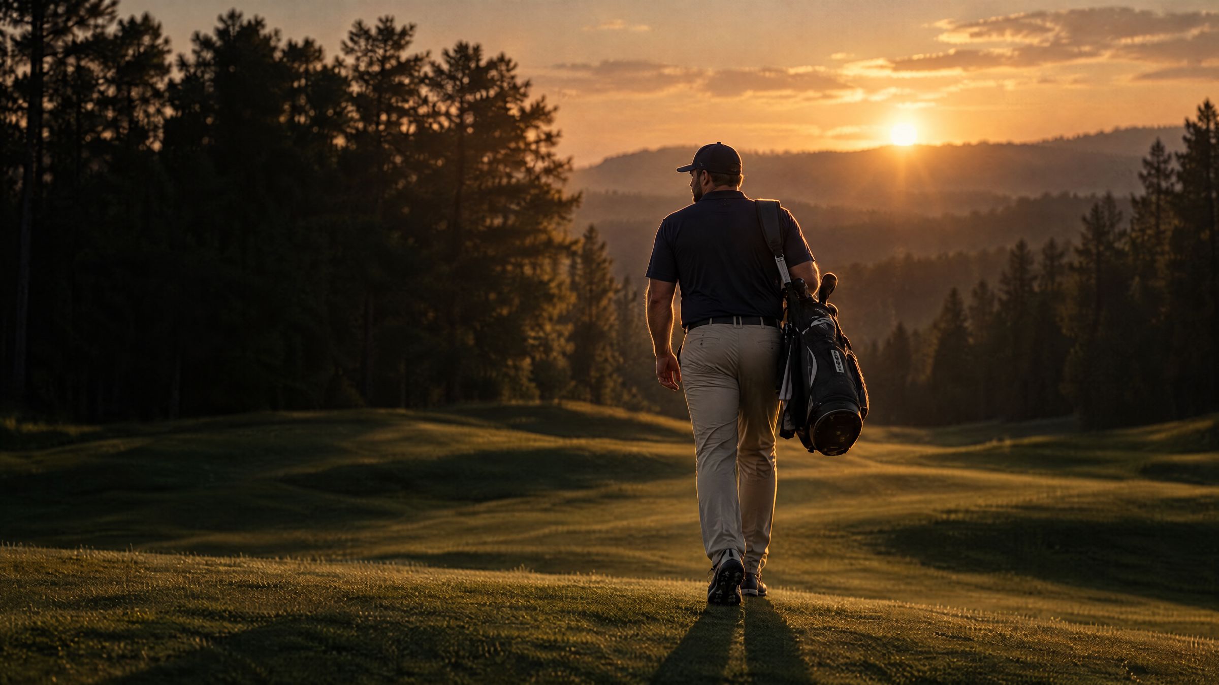 Tyler walking up a fairway at sunset, golf bag on his shoulder